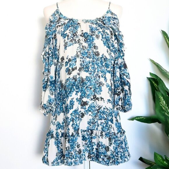 Parker Blue White Black Floral 100% Silk Cold Shoulder Ruffle Mini Shift Dress - Picture 1 of 10